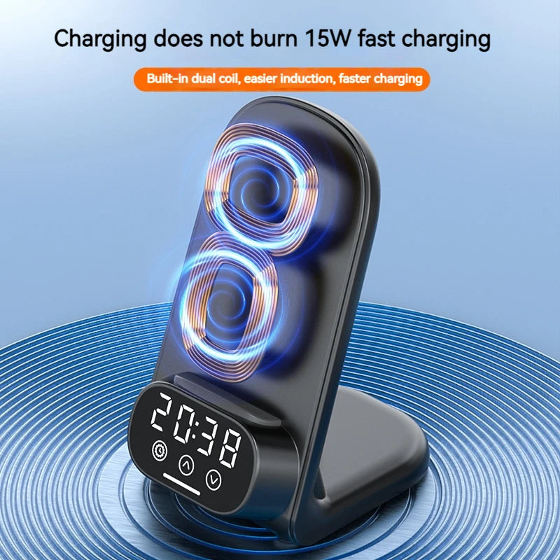 3IN1 Clock Wireless Charger Stand for SmartPhone Type-C Earphone Fast Charger Station for Iphone 15 14 13 12 11 Pro Max Airpods