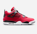 Air Jordan 4 Retro Toro Bravo – single shoe lateral side profile view showing red suede and black mesh netting