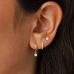 Éclat Dorée 3-Piece Earring Set – gold pavé huggie, crystal drop hoop and zirconia stud worn on ear