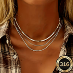 Cascade Argéntée Triple Layer Necklace Set – silver layered necklaces styled with plaid shirt