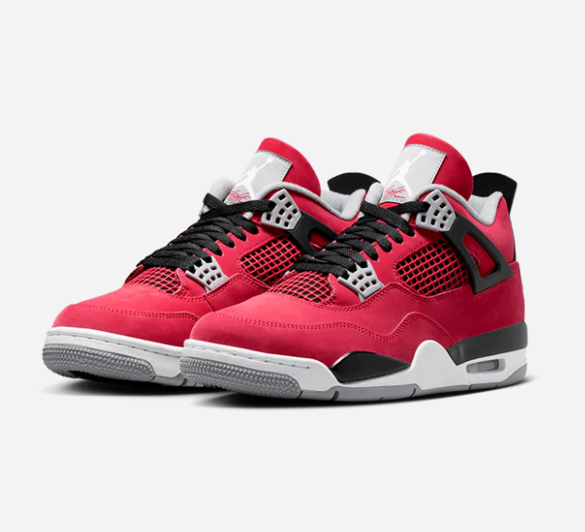 Air Jordan 4 Retro Toro Bravo – pair three-quarter front view showing Jumpman tongue and grey lace locks