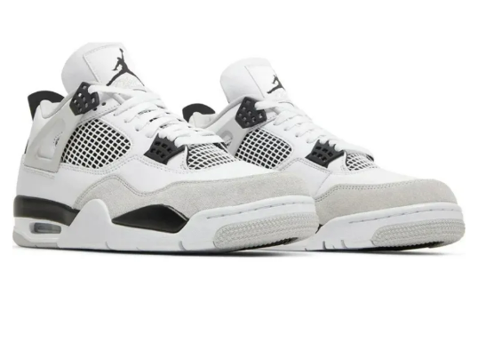 Air Jordan 4 Retro Military Black – pair three-quarter side view showing grey suede overlays and black outsole