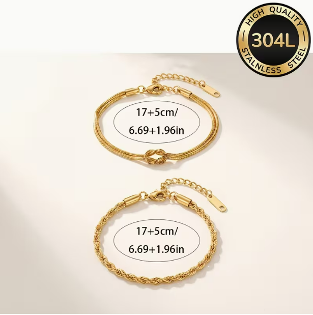 Tresse Dorée Duo Bracelet Set – flat lay showing dimensions 17+5cm