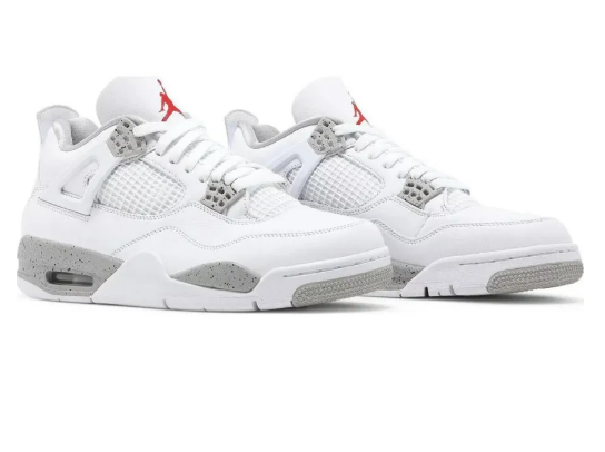 Air Jordan 4 Retro White Oreo – pair three-quarter front view showing mesh netting and Jumpman tongue